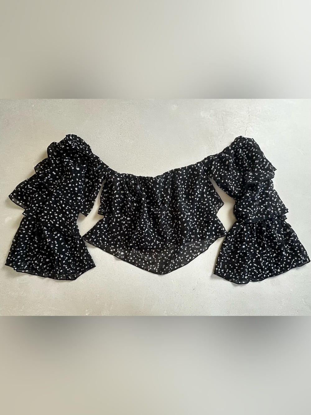 Authentic bebe Black Polka Dot Off-Shoulder Ruffle Top